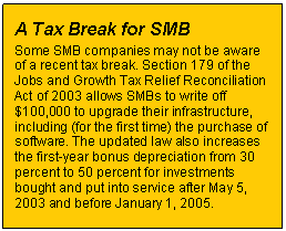 Text Box: A Tax Break for SMB  Some SMB companies may not be aware of a recent tax break. Section 179 of the Jobs and Growth Tax Relief Reconciliation Act of 2003 allows SMBs to write off $100,000 to upgrade their infrastructure, including (for the first time) the purchase of software. The updated law also increases the first-year bonus depreciation from 30 percent to 50 percent for investments bought and put into service after May 5, 2003 and before January 1, 2005.